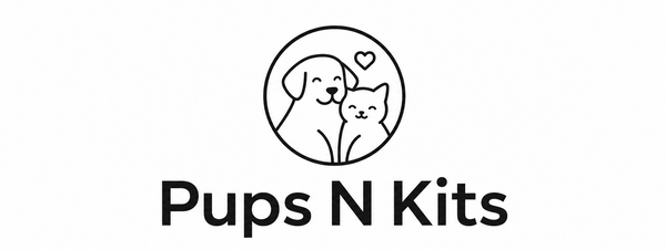 Logo of Pups N Kits with a dog and cat illustration on a white background