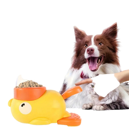 Decorative pet feeder with a dog and a hand pointing at it on a white background